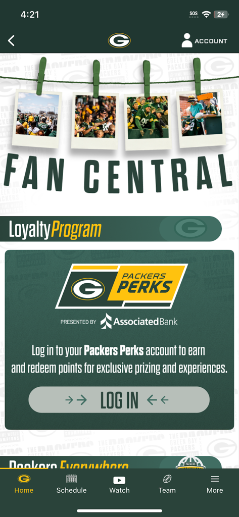 Green Bay Packers - Green Bay Packers app Fan Central screen showing the Packers Perks loyalty program login section