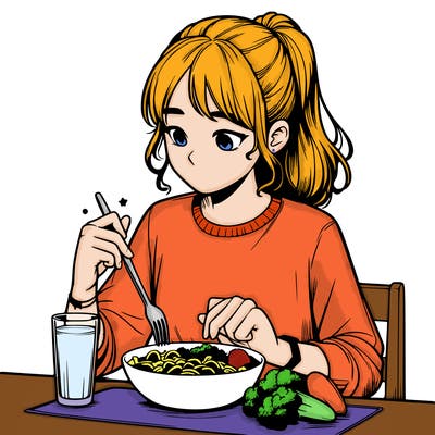 realistic girl eating dinner