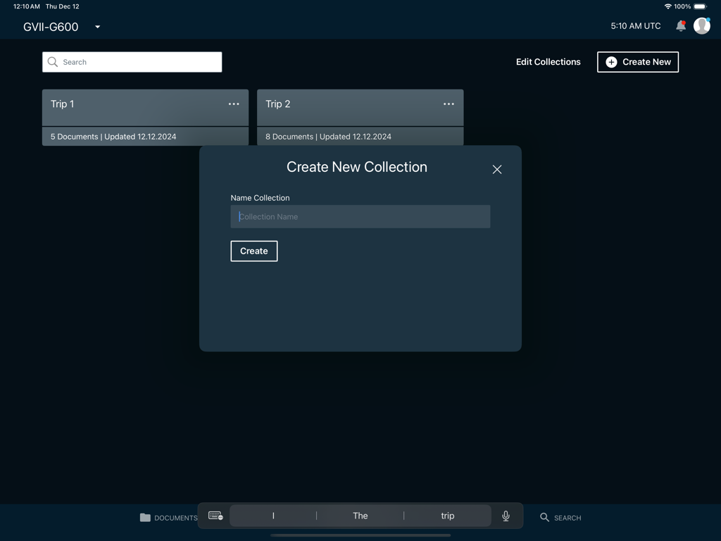 Interfaz de la aplicación Gulfstream PlaneBook que muestra el modal de creación de nueva colección en un iPad.
