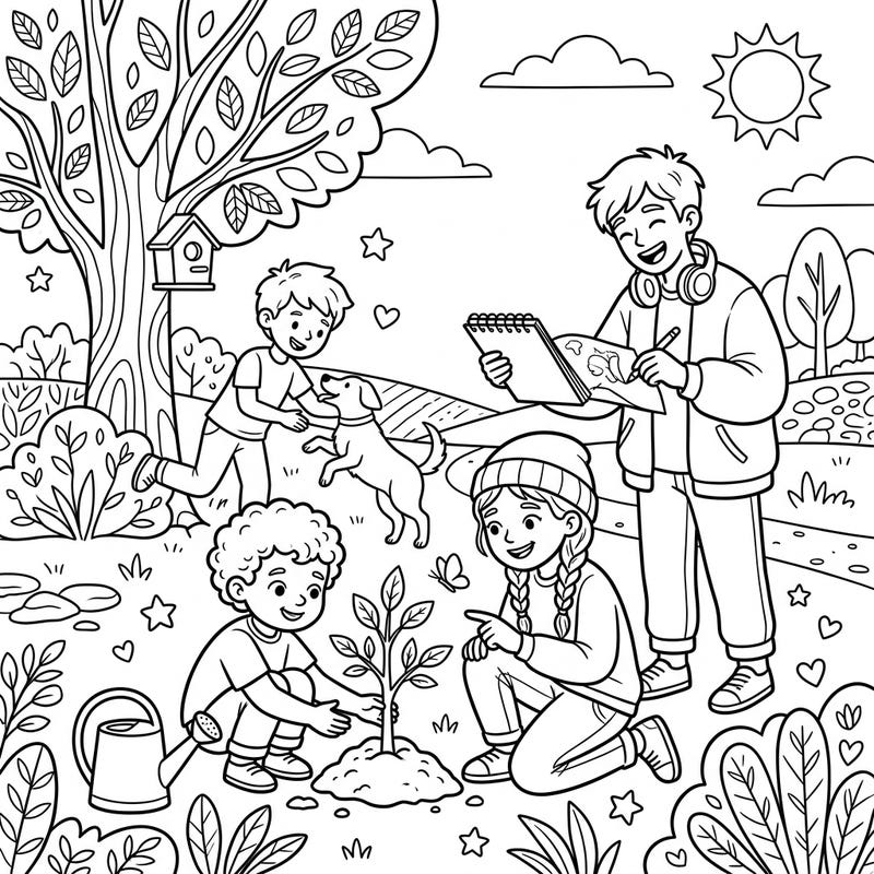 Join a group of cheerful children as they embark on an exciting nature adventure! This delightful coloring page captures the joy of planting trees and caring for our planet, perfect for young artists.