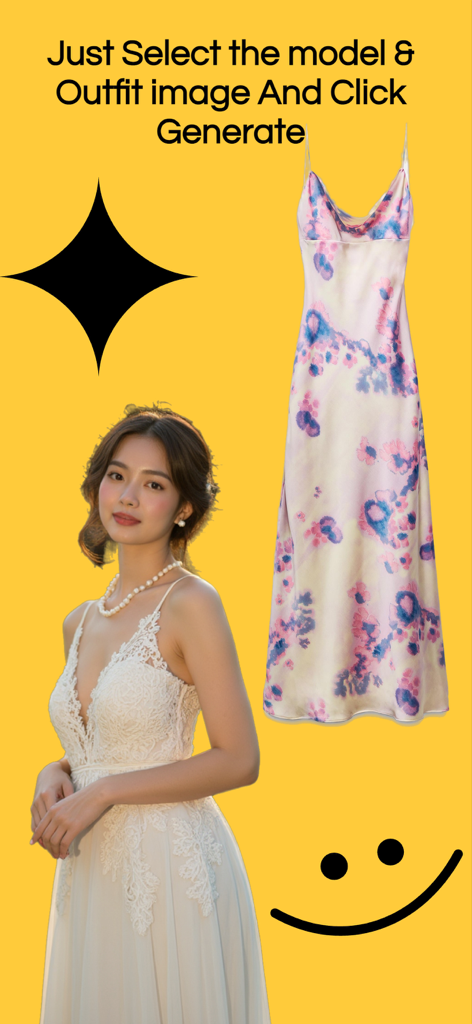A screen from the TryFit AI app showing a model in a white dress and a separate floral dress with instructions to select a model and outfit to generate a virtual try-on.