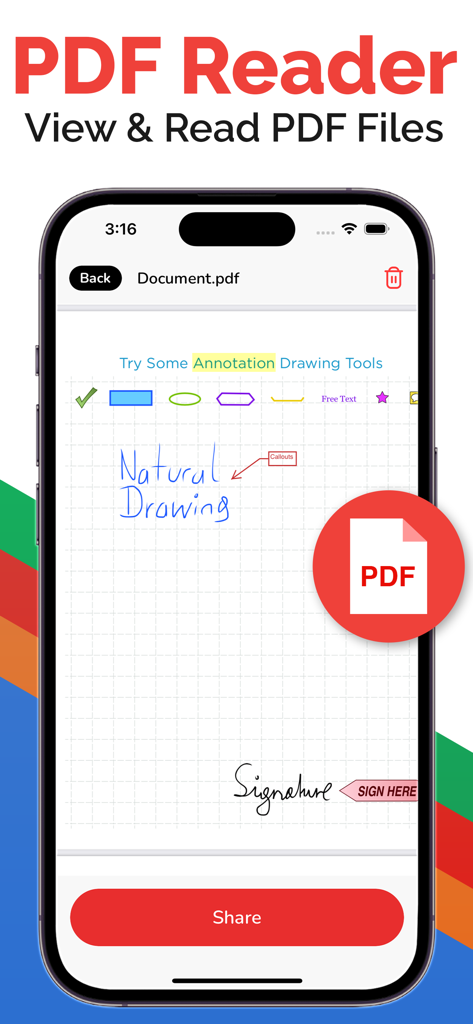 All Document Reader - Read PDF - Pantalla de smartphone mostrando la aplicación lectora de PDF con anotaciones y firma de documentos