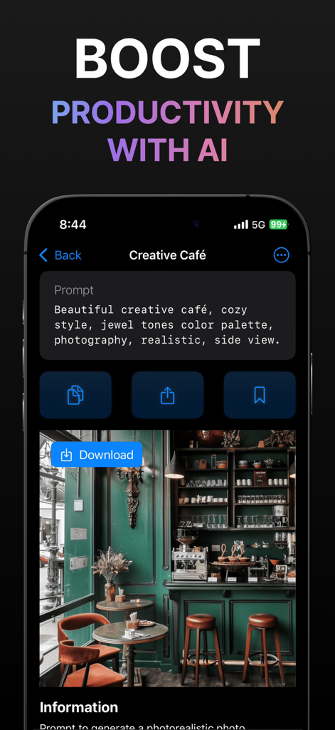 PromptKit: AI Helper - PromptKit app interface showing a creative cafe image prompt and the resulting generated photo