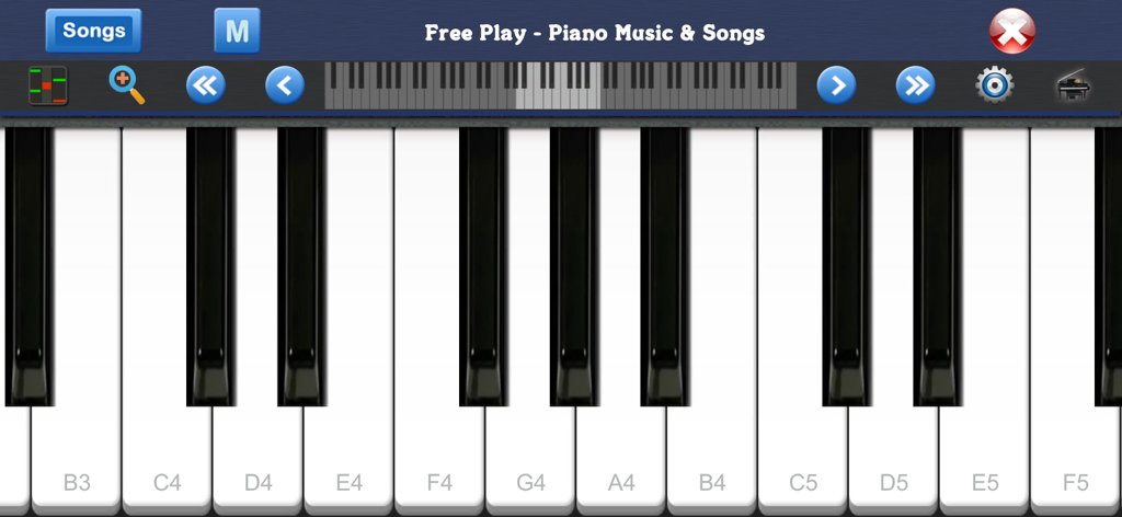 Piano Music & Songs - Free play mode on the Piano Music and Songs app showing a virtual keyboard with labeled notes
