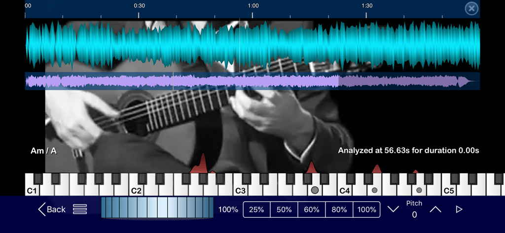 Beat Time! - Interfaz de la app Beat Time mostrando reproducción de video de guitarra con formas de onda de audio y detección de acordes