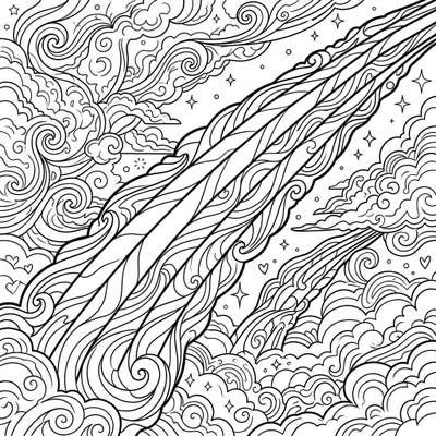 Ignite your creativity with this dynamic coloring page featuring stylized contrails soaring through a sky of swirling clouds and stars. Designed for teens, it beautifully intertwines themes of aviation wonder and Pride, offering an engaging artistic challenge.