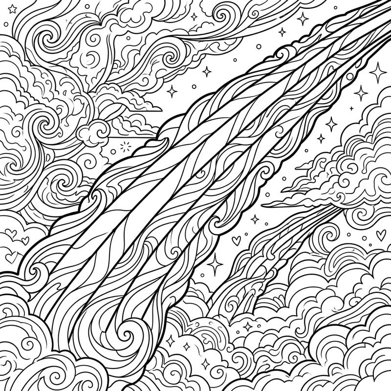 Ignite your creativity with this dynamic coloring page featuring stylized contrails soaring through a sky of swirling clouds and stars. Designed for teens, it beautifully intertwines themes of aviation wonder and Pride, offering an engaging artistic challenge.