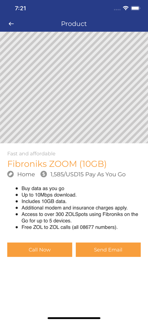 Details of the Fibroniks ZOOM 10GB internet plan in the myLiquid Home Zimbabwe app.