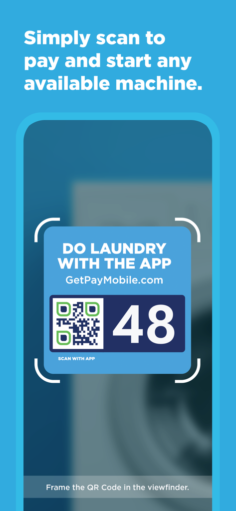 A smartphone scanning a QR code on a laundry machine using the CSCPay Mobile app to start a cycle