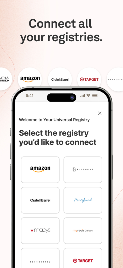Joy Wedding Planner & Website - Joy App-Bildschirm, der Optionen zur Verbindung mehrerer Hochzeitsregister von großen Geschäften wie Amazon, Target und Macy's zeigt