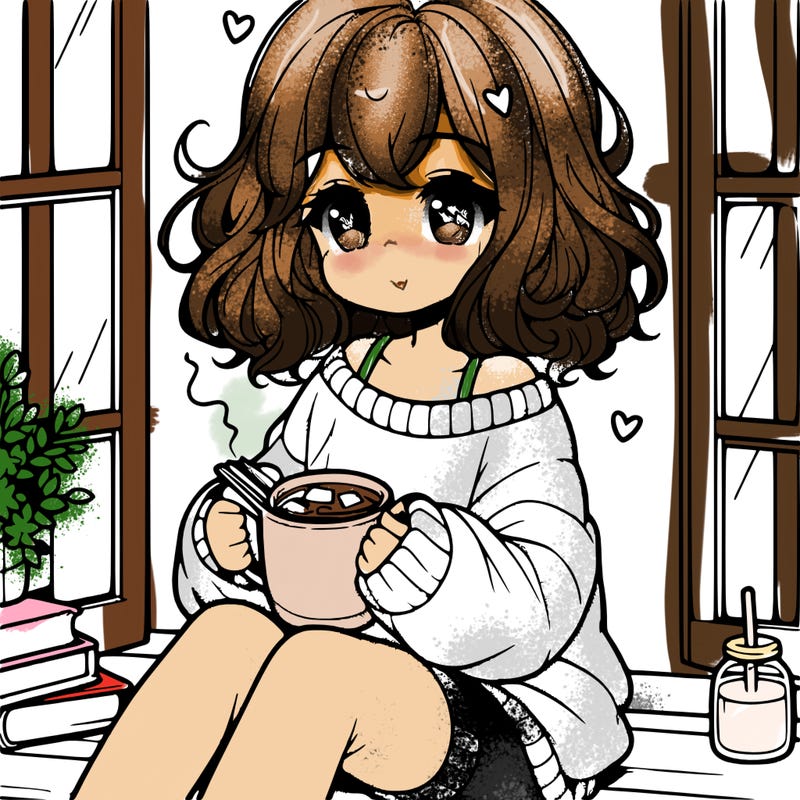 cute anime girl reading book and drinking hot chocolate from mug with loose wavy hair wearing a baggy sweatshirt and shorts sitting by windowsill looking out