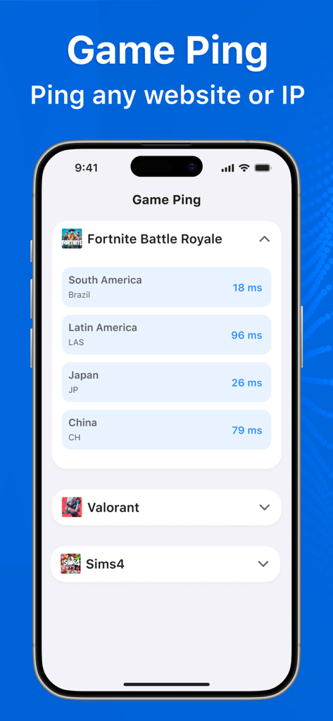 Interfaz de aplicación móvil que muestra la latencia de ping en tiempo real para videojuegos populares como Fortnite en diferentes regiones de servidores globales.