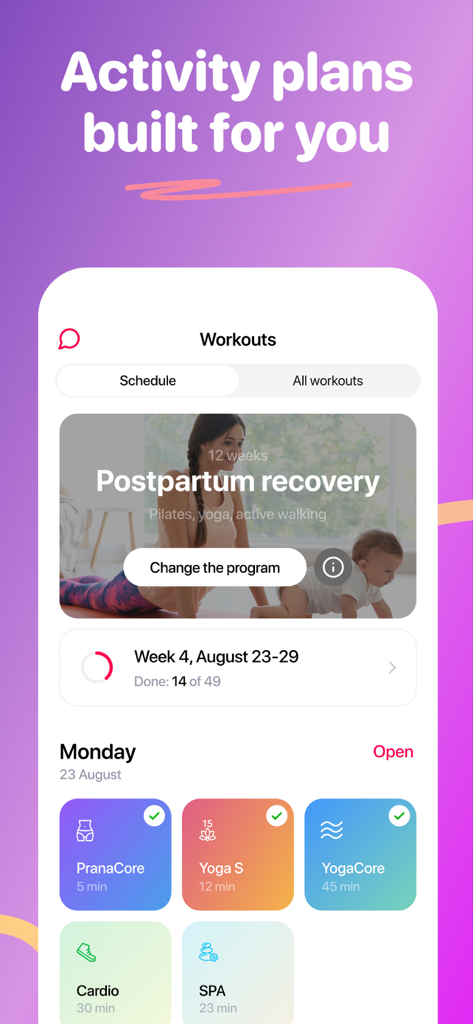 MomsLab app interface showing a 12-week postpartum recovery plan and a daily workout schedule.