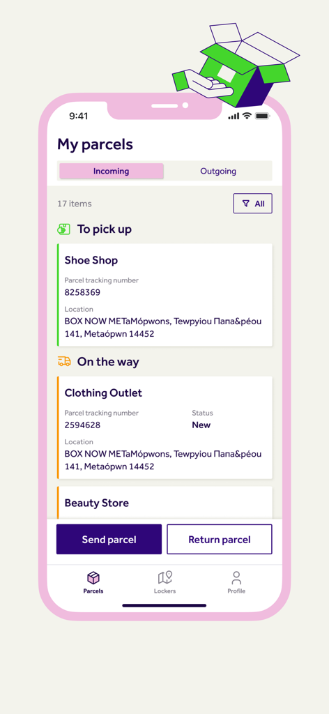 Interface of the BOX NOW app showing a list of incoming parcels with tracking numbers and pickup locker locations