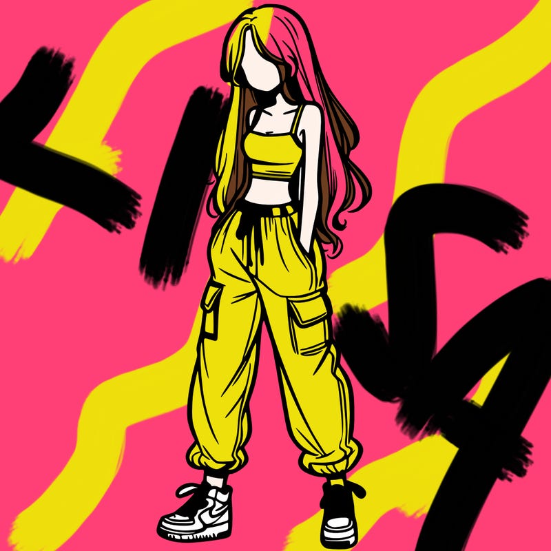 girl in baggy pants crop top and long hair