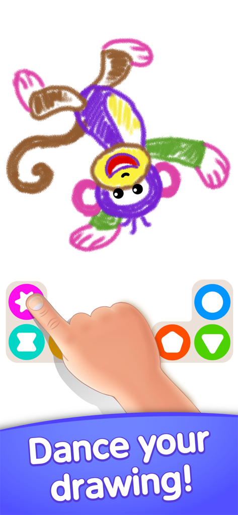 A colorful hand drawn monkey dancing in a preschool learning app