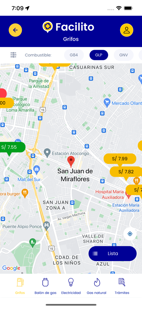 Facilito mobile app showing fuel prices on a map
