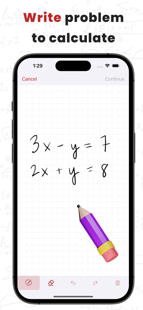 Mathly app interface showing a handwritten algebra problem on a digital grid canvas for calculation