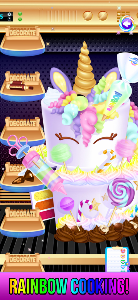 Rainbow Unicorn Candy Salon - Ein bunter mehrstöckiger Einhorn-Kuchen wird mit Regenbogen-Zuckerguss und Süßigkeiten in einem Kinderspiel dekoriert