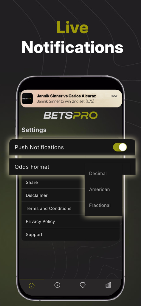 BetsPro AI - BetsPro AI App-Bildschirm mit Push-Benachrichtigungseinstellungen und Quotenformatoptionen für Sportwetten