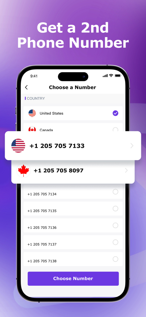 Text Number-Phone Text Message - Schermata dell'app mobile che mostra un elenco di numeri di telefono statunitensi e canadesi disponibili da scegliere come seconda linea.