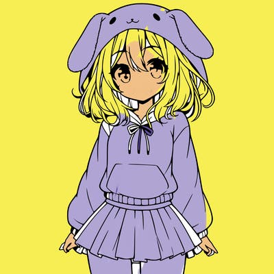 pretty anime girl wearing a fluffy hoodie with bunny ears on the hood and a skirt