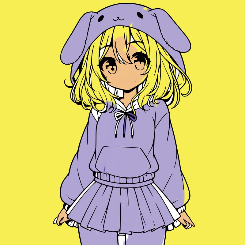 pretty anime girl wearing a fluffy hoodie with bunny ears on the hood and a skirt