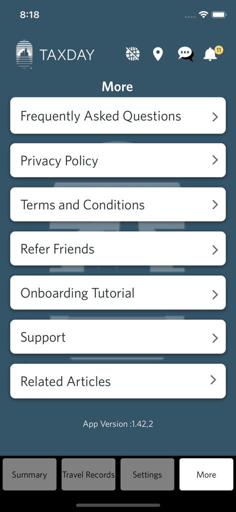 Interface of TaxDay app's More section with links to FAQ support and policies