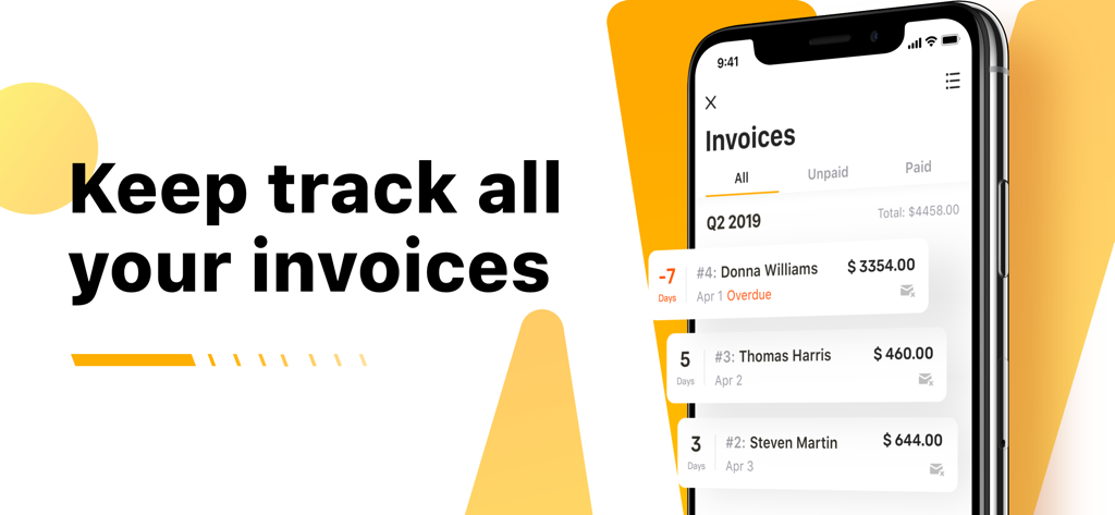 Nova Invoice-PDF Invoice Maker - Nova Invoice app screen showing a list of managed invoices with payment status and totals
