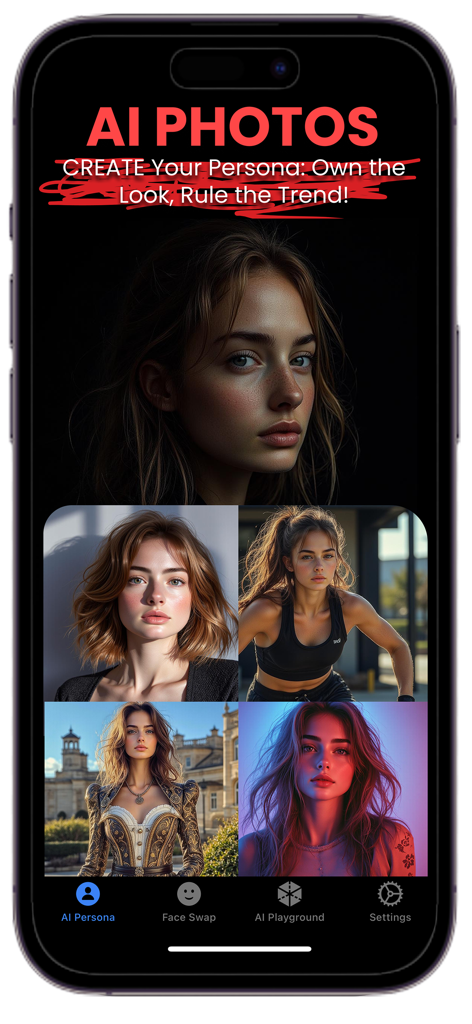 FakeMe: Face Swap AI Photo App - Interfaz de la aplicación FakeMe que muestra personas generadas por IA y varios estilos de fotos para perfiles de redes sociales.