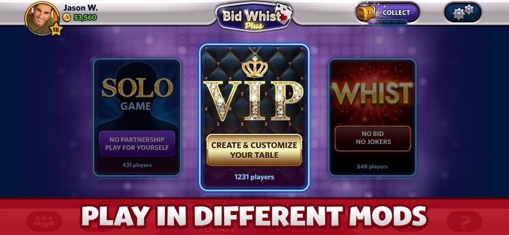 Bid Whist Plus game selection screen showing Solo, VIP, and Whist modes.