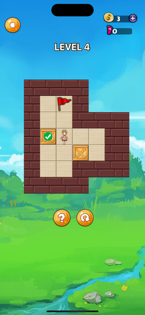 PushBox 3D Classic Puzzle Game - A mobile screenshot of PushBox 3D gameplay showing a character solving a box-pushing logic puzzle on level 4.