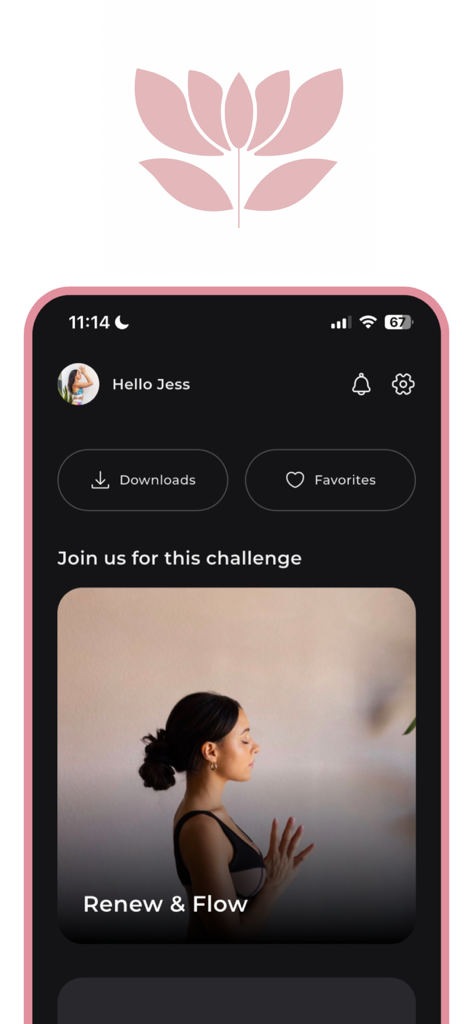 Jess Yoga mobile app interface displaying the Renew and Flow yoga challenge card and user profile options