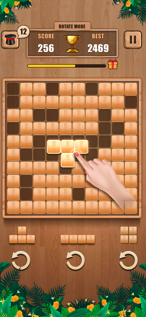 Gameplay von Wooden 100 Block Puzzle, das eine Hand zeigt, die einen Holzblock auf ein 10x10-Gitter platziert.
