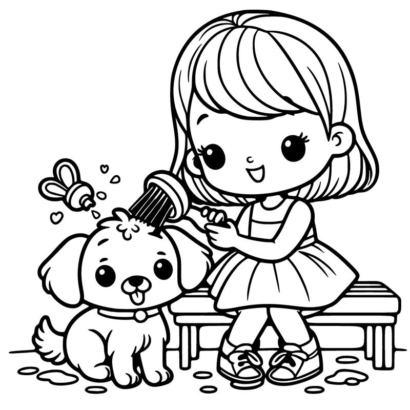 girl grooming dog