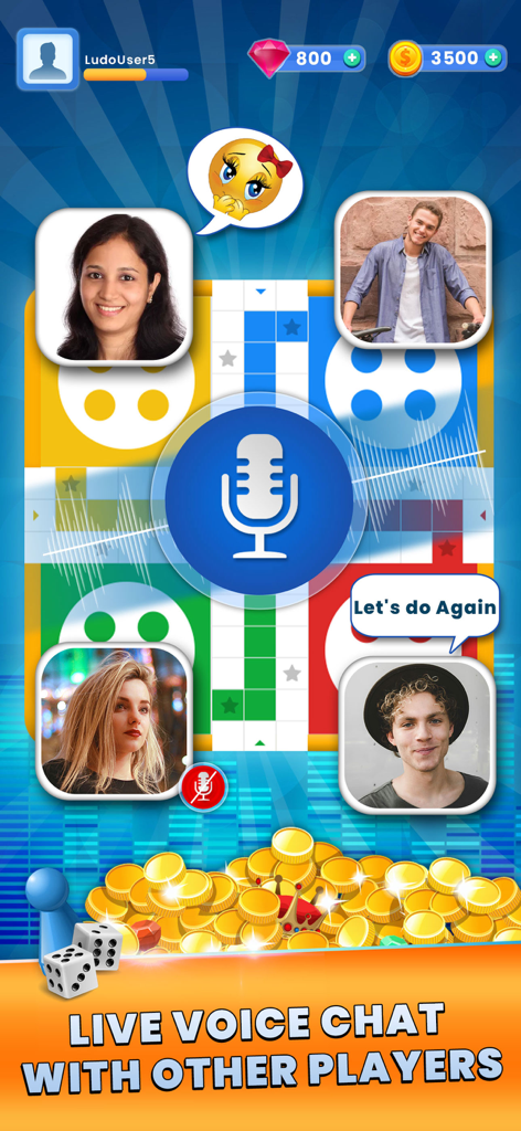 Ludo Online Multiplayer Game - Ludo board game screen featuring live voice chat with player avatars and chat bubbles