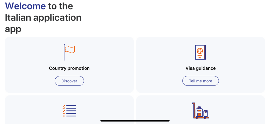 Welcome screen of the TLS for Italy app showing options for visa guidance and country promotion