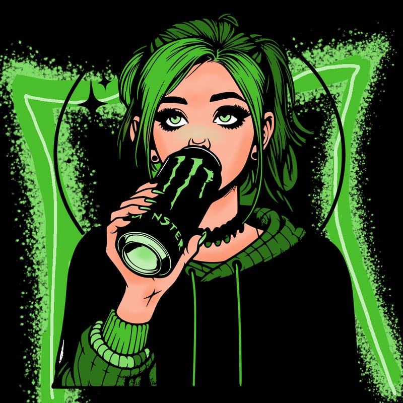 realistic girl drinking monster energy drink