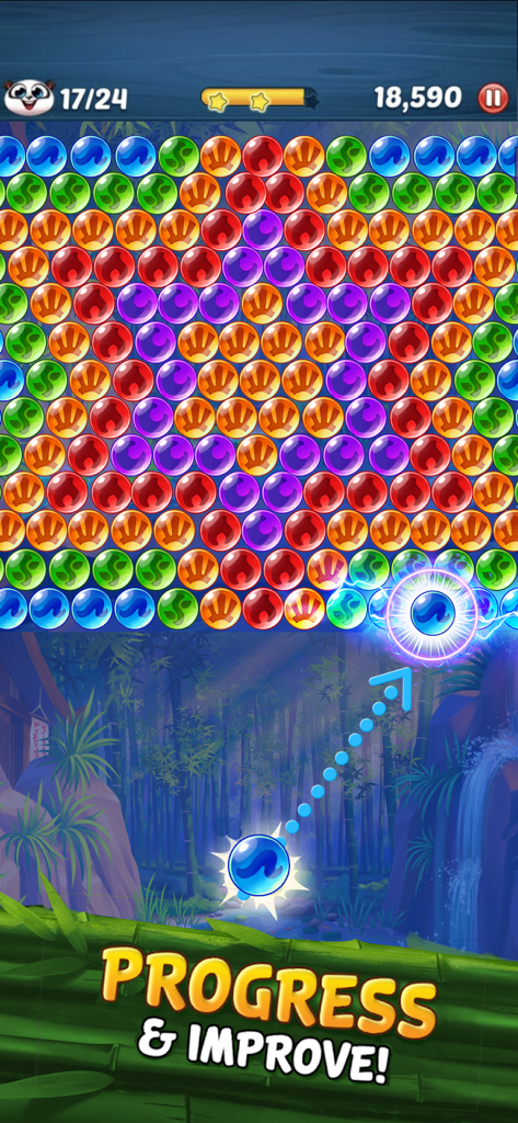 Captura de tela do jogo Panda Pop mostrando um quebra-cabeça colorido e uma linha de mira.