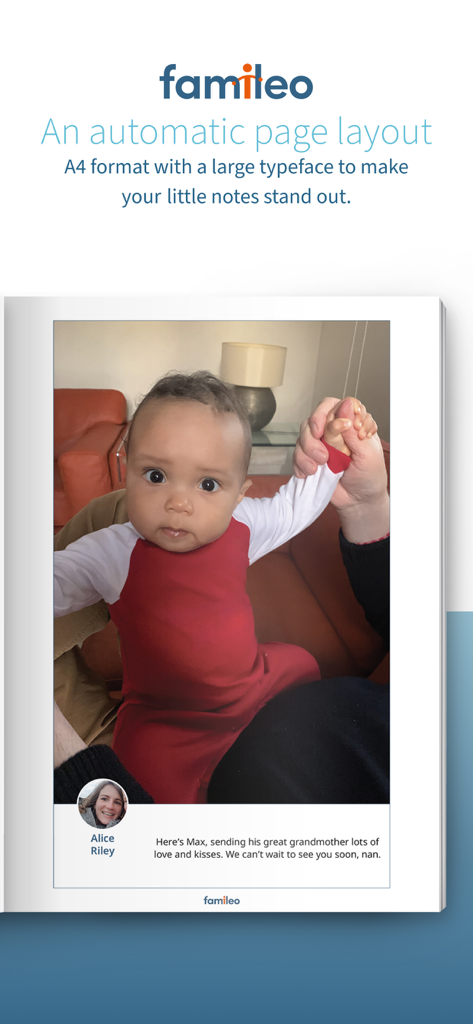 Une page du journal familial imprimé Famileo montrant une photo de bébé et un message personnalisé en gros caractères