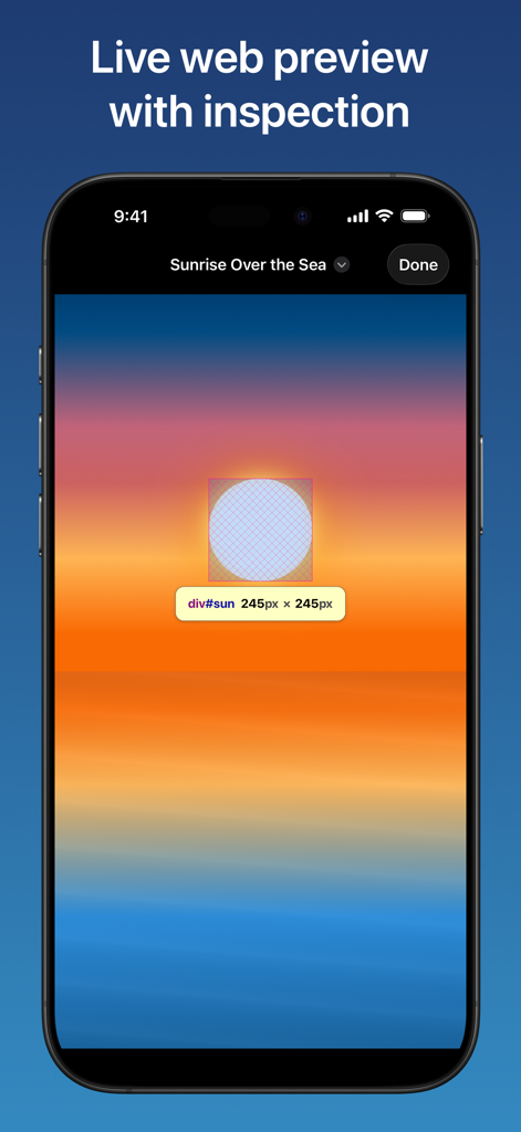 Combine - Code Editor & Git - Live web preview with element inspection in the Combine Code Editor app on iPhone.