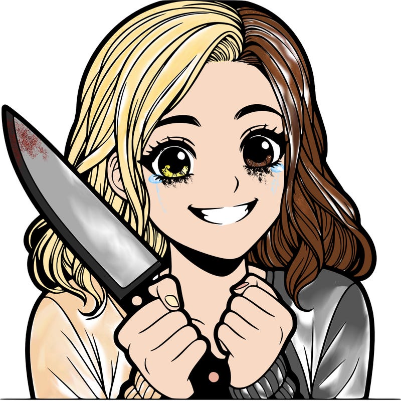 a realistic girl holding a knife and grinning