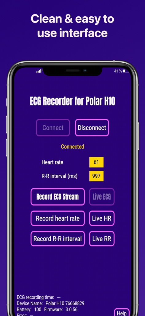 ECG Recorder for Polar H10 - Main interface of the ECG Recorder for Polar H10 app showing heart rate and R-R interval data
