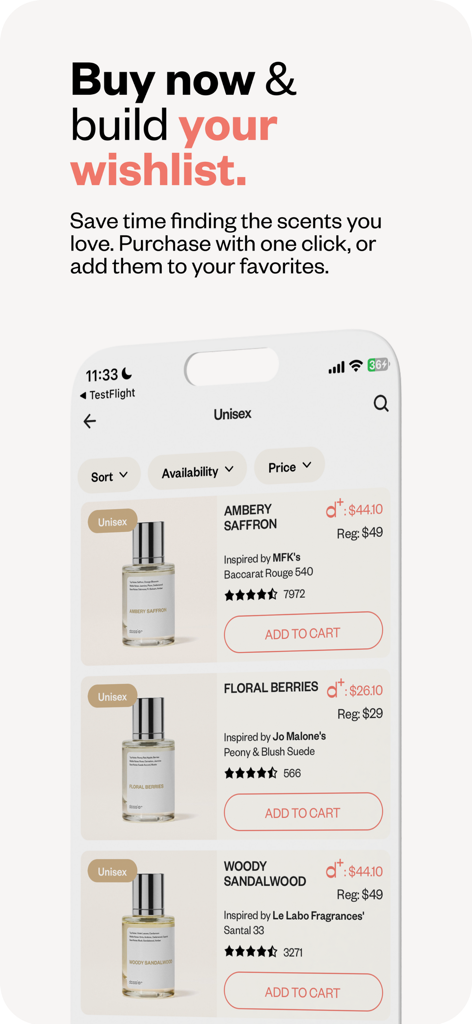 Dossier Perfumes - App mobile Dossier Perfumes che mostra elenchi di fragranze unisex con una funzione di lista dei desideri e pulsanti per aggiungere al carrello