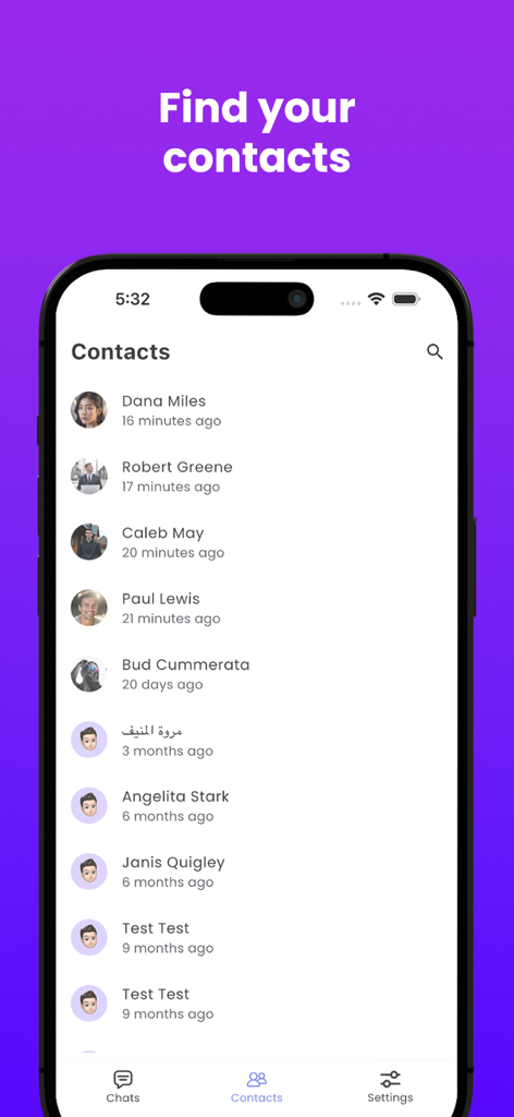 Sngine Messaging - The contacts list screen in Sngine Messaging showing a list of users with their names and activity status