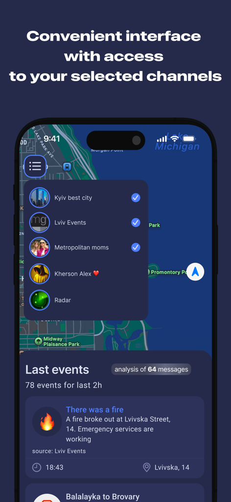 Map Alerts – Live Map Radar - Interfaz de la aplicación Map Alerts mostrando una lista de selección de canales de Telegram y un feed de eventos locales recientes en un mapa interactivo.