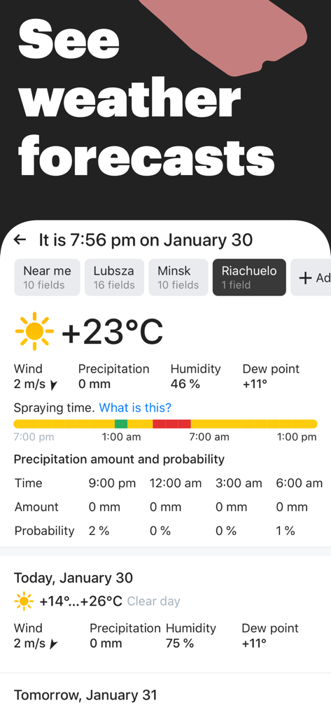 OneSoil Scouting: Farming Tool - Interfaz de pronóstico meteorológico de la aplicación OneSoil que muestra la temperatura actual, la velocidad del viento y las recomendaciones de tiempo de pulverización agrícola