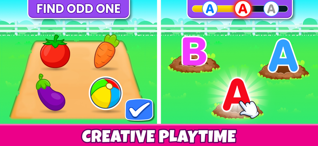 Toddler & Preschool Kids Games - Screenshot of educational toddler games showing a find the odd one out activity with vegetables and an alphabet matching game