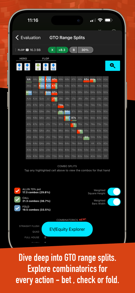 Interfaz de la aplicación Postflop+ mostrando divisiones de rangos GTO de póker y una cuadrícula de exploración de equidad.