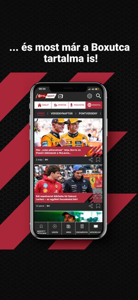 M4 Sport mobile app showing Formula 1 news and Boxutca category